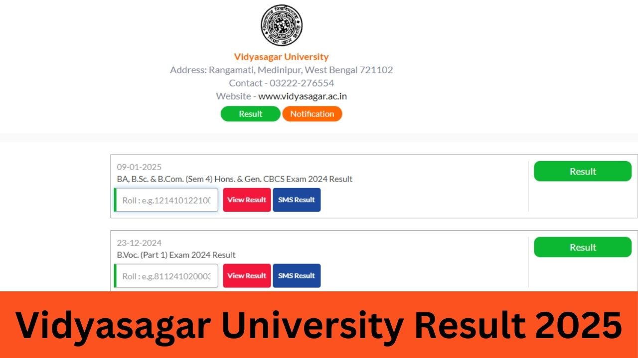 Vidyasagar University Result 2025: www.vidyasagar.ac.in Semester Result 2025