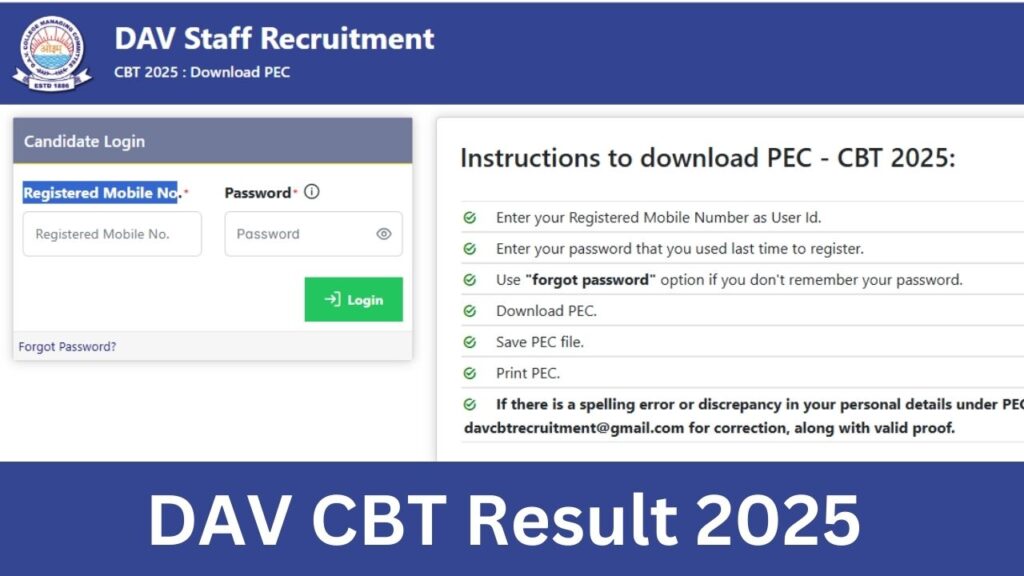 DAV CBT Result 2025 (Download) davrecruit.davcmc.in