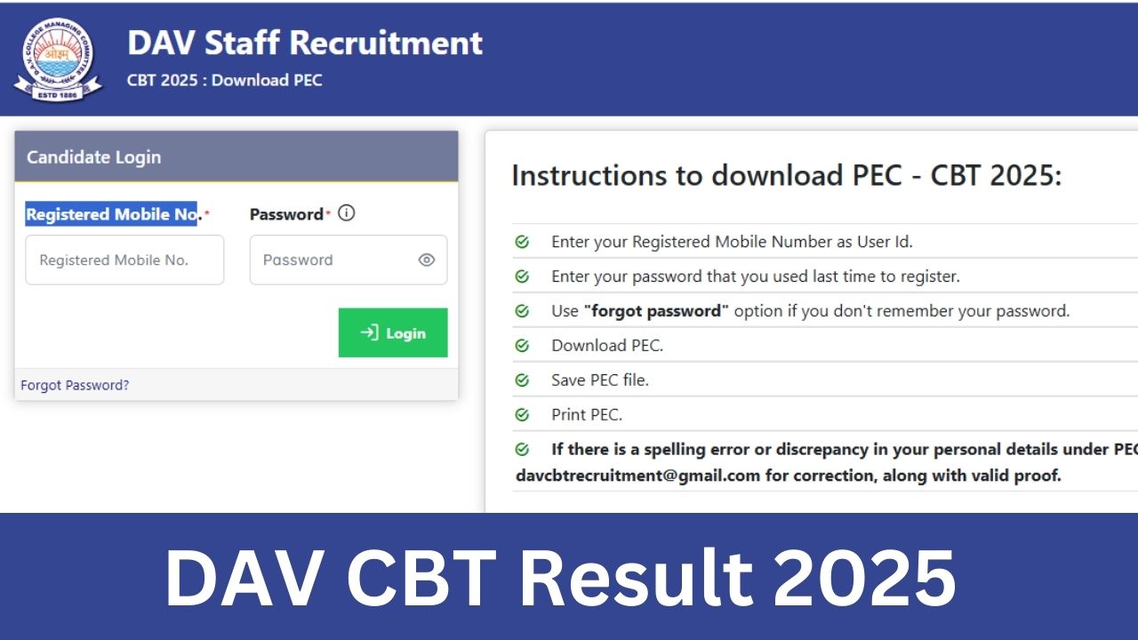 DAV CBT Result 2025 (Download) davrecruit.davcmc.in