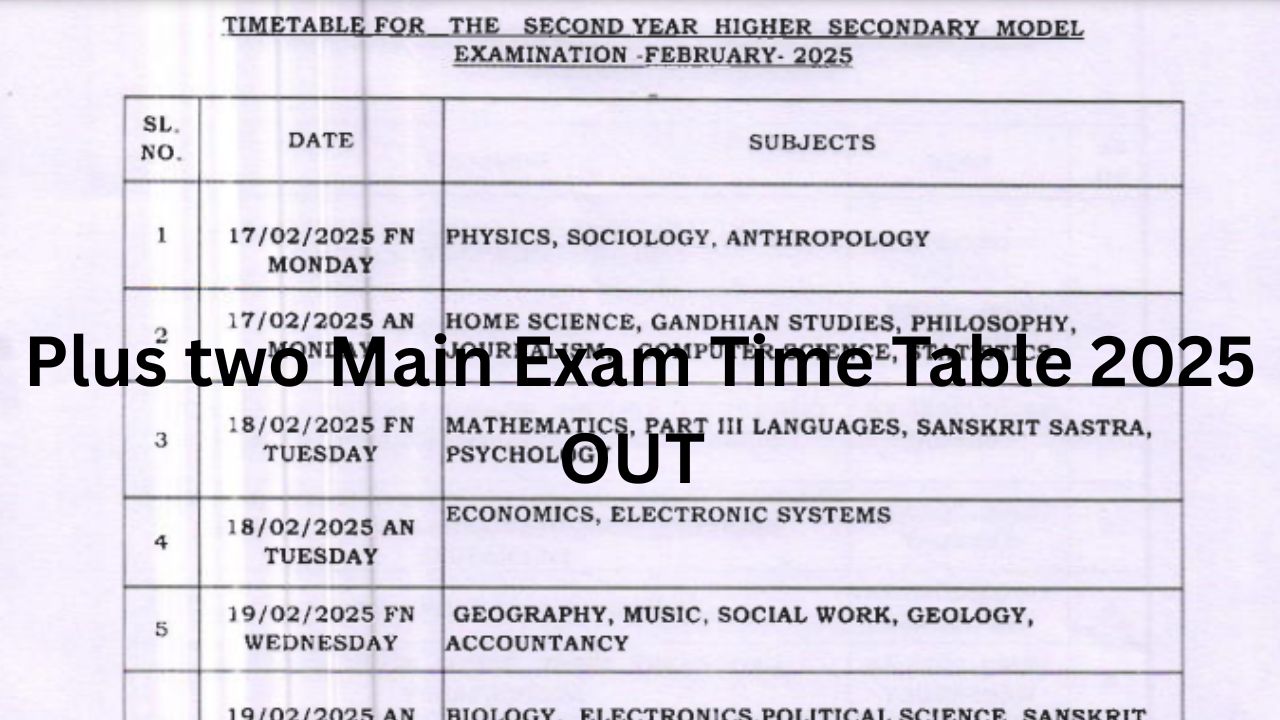 Plus two Main Exam Time Table 2025 (PDF Download)
